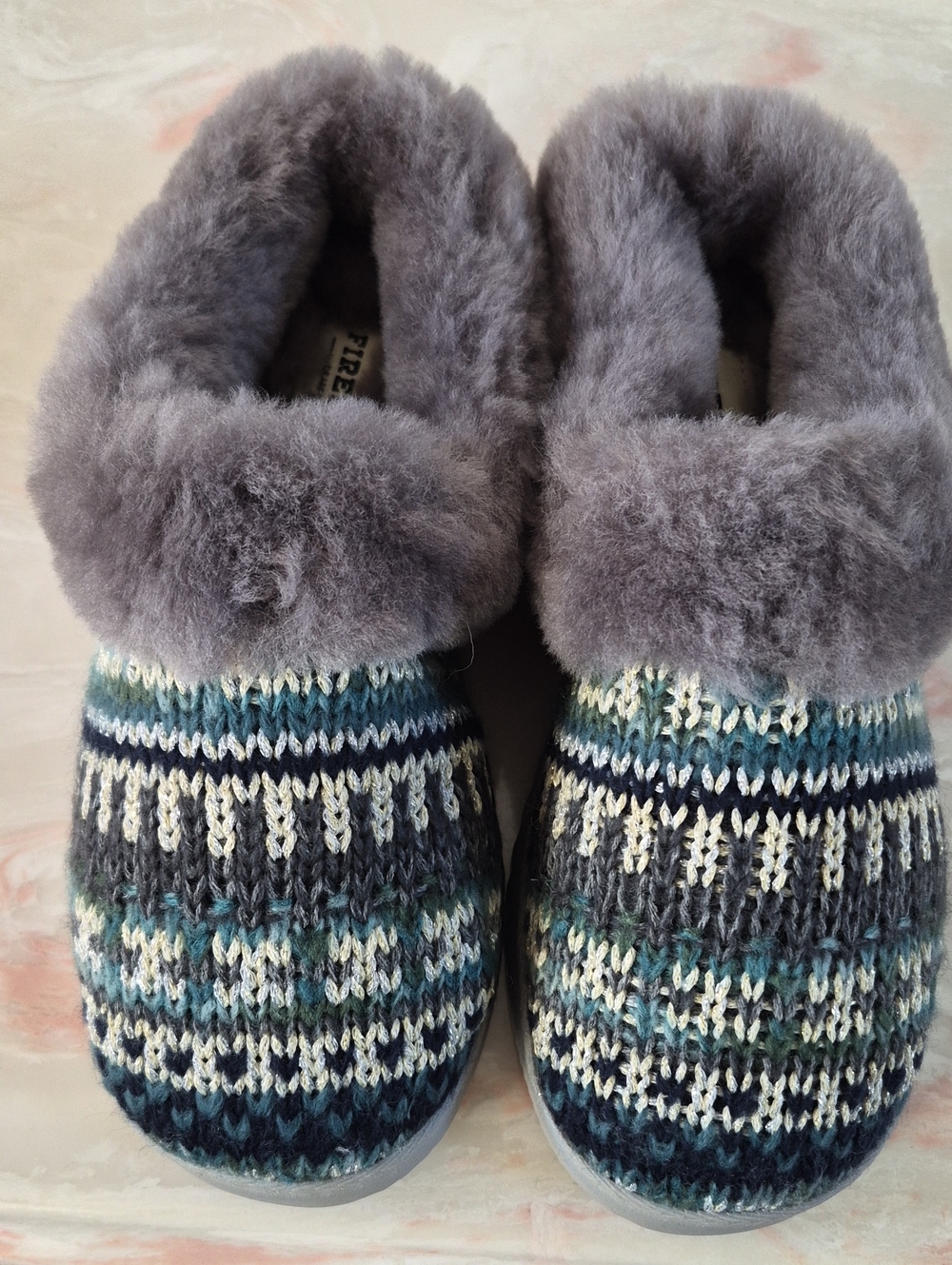 Women Cozy Knit Slippers with Plush Collar - Gray/Blue Fireside By Dearfoams